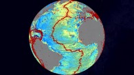 North Atlantic; red dots are earthquakes. Image credit: David Sandwell / SIO.