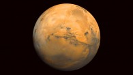 Mars; the center of the scene shows the entire Valles Marineris canyon system. Image credit: NASA Goddard Space Flight Center.