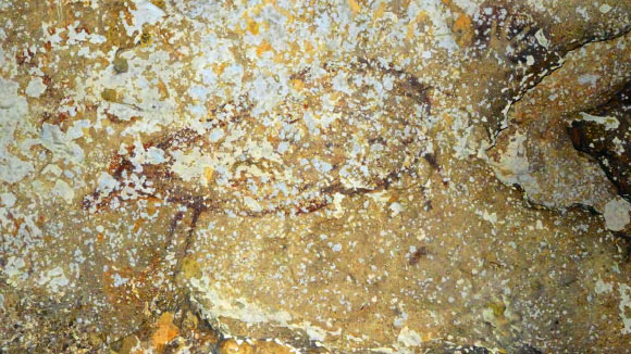 A 39,900-year-old hand stencil and a 35,400-year-old painting of a female babirusa inside Leang Timpuseng cave, Sulawesi, Indonesia. Image credit: M. Aubert et al.