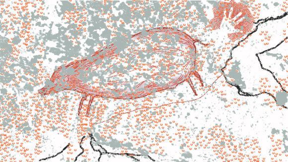 This illustration shows the locations of the dated coralloid speleothems (red semicircles) and associated paintings: a hand stencil and a large naturalistic depiction of a babirusa. Image credit: M. Aubert et al.