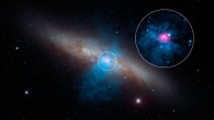 A rare and mighty pulsar (magenta) can be seen at the center of Messier 82 in this image. Image credit: NASA / JPL-Caltech / SAO / NOAO.