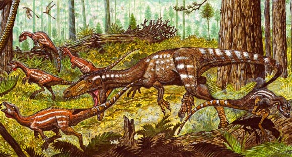 Tachiraptor admirabilis attacking a herd of plant-eating Laquintasaura venezuelae. Image credit: © Maurílio Oliveira / PaleoArt.
