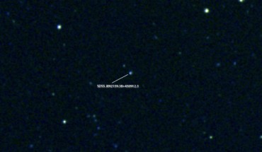 This image show the star-forming galaxy SDSS J092159.38+450912.3. Image credit: Centre de Données astronomiques de Strasbourg / SIMBAD.