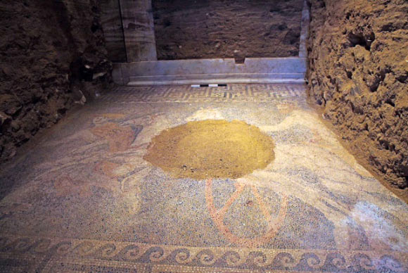 The mosaic found at the Alexander the Great-era tomb near the ancient city of Amphipolis. Image credit: Greek Culture Ministry.