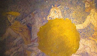 The mosaic depicts the Greek god Hermes in front of a horse drawn chariot. Image credit: Greek Culture Ministry.