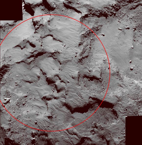 Close-up of Philae’s primary landing site J, which is located on the head of 67P/Churyumov–Gerasimenko. Image credit: ESA / Rosetta / MPS for OSIRIS Team MPS / UPD / LAM / IAA / SSO / INTA / UPM / DASP / IDA.