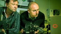 Australian National University scientists adjusting the hollow laser beam. Image credit: Stuart Hay.
