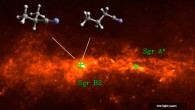 The iso-propyl cyanide molecule and its straight-chain isomer, normal-propyl cyanide, were both detected with the Atacama Large Millimeter/submillimeter Array in the star-forming region Sagittarius B2 (Sgr B2). Sgr A* is a complex radio source at the center of the Milky Way Galaxy. Image credit: MPIfR / A. Weiß / University of Cologne / M. Koerber / A. Belloche.