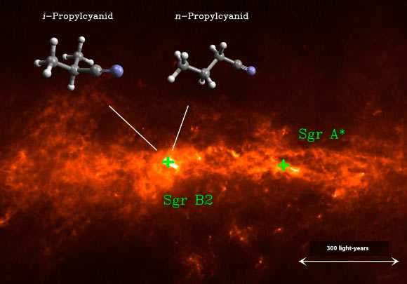 The iso-propyl cyanide molecule and its straight-chain isomer, normal-propyl cyanide, were both detected with the Atacama Large Millimeter/submillimeter Array in the star-forming region Sagittarius B2 (Sgr B2). Sgr A* is a complex radio source at the center of the Milky Way Galaxy. Image credit: MPIfR / A. Weiß / University of Cologne / M. Koerber / A. Belloche.