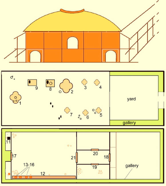 Reconstruction of the temple and plans of the ground floor (middle) and the first floor (bottom): 1-7, 11 - clay platforms; 8-9 - clay bins; 10 - clay floor; 12 - podium; 13-16 - storage vessels; 17-21 - thresholds; 22 - clay arch; 23 - painted clay floor; 24 - clay platform walls. Image credit: Nataliia Burdo / Mykhailo Videiko.