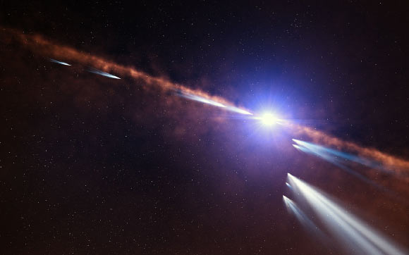 This artist’s impression shows exocomets orbiting Beta Pictoris. Image credit: ESO / L. Calçada.