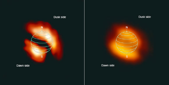 Large patches of HNC (left) and HC3N (right) glow near the north pole of Titan, on the dusk side, and near its south pole, on the dawn side; brighter colors indicate stronger signals from the two gases; red hues indicate less pronounced signals. Image credit: NRAO / AUI / NSF.