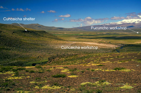 Photograph of Pucuncho Basin, facing west, showing the Cuncaicha shelter and the Pucuncho workshop. Image credit: Kurt Rademaker et al.