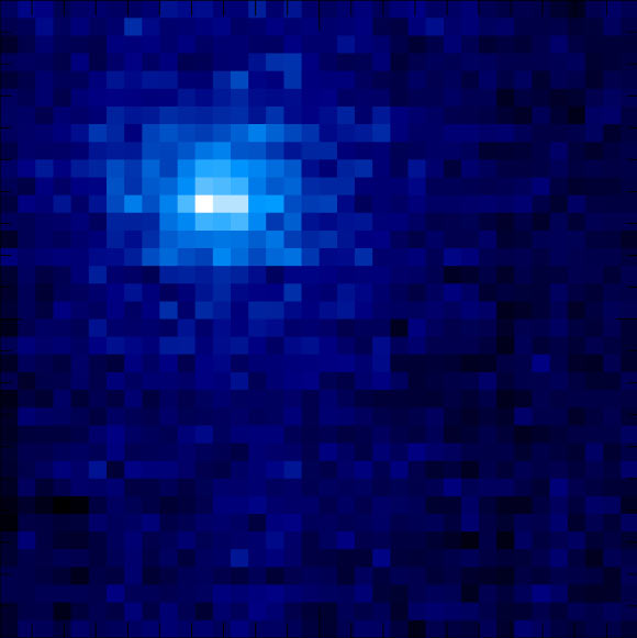 This UV image of hydrogen surrounding Siding Spring was taken by the MAVEN spacecraft on October 17, 2014. Image credit: NASA / Laboratory for Atmospheric and Space Physics / University of Colorado.