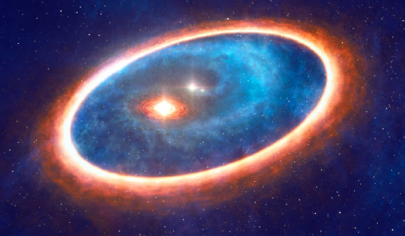 This artist's impression shows the dust and gas around the binary star system GG Tauri-A. Image credit: ESO / L.Calçada.