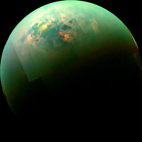 Cassini caught the sunlight glinting off Titan's seas and lakes filled with liquid methane or ethane. Image credit: NASA / JPL-Caltech / University of Arizona / University of Idaho.