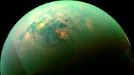 Cassini caught the sunlight glinting off Titan's seas and lakes filled with liquid methane or ethane. Image credit: NASA / JPL-Caltech / University of Arizona / University of Idaho.