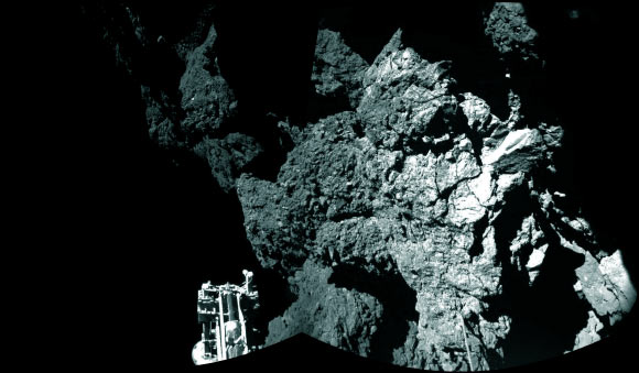 Philae is safely on the surface of the comet, as this image confirms; one of the lander's three feet can be seen in the foreground. Image credit: ESA / Rosetta / Philae / CIVA.