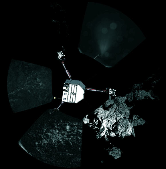 First comet panoramic from the imaging system on Philae, with an indication of the lander orientation superimposed on top of it. Image credit: ESA / Rosetta / Philae / CIVA.