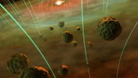 Magnetic field lines weave through the cloud of dusty gas surrounding the young Sun; in the foreground are asteroids and chondrules, the building blocks of chondrite meteorites. Image credit: Hernan Canellas / MIT Paleomagnetism Laboratory.