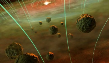 Magnetic field lines weave through the cloud of dusty gas surrounding the young Sun; in the foreground are asteroids and chondrules, the building blocks of chondrite meteorites. Image credit: Hernan Canellas / MIT Paleomagnetism Laboratory.