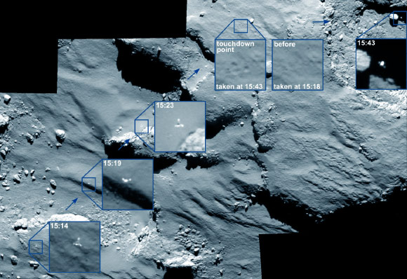 The OSIRIS narrow-angle camera aboard Rosetta spots the Philae probe drifting across Comet 67P/Churyumov-Gerasimenko; the time of each of image is marked on the corresponding insets and is in GMT (EDT+5, PDT+8, CET-1). Credit: ESA / Rosetta / MPS for OSIRIS Team MPS / UPD / LAM / IAA / SSO / INTA / UPM / DASP / IDA.