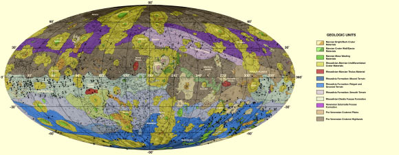 Global geologic map of Vesta, showing the spatial distribution of major types of materials. Image credit: D.A. Williams et al.