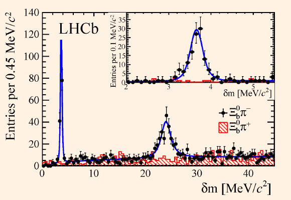 LHCb result shows strong evidence of the existence of two new particles the Ξb'- (first peak) and Ξb*- (second peak), with the high-level confidence of 10 sigma. Image credit: LHCb experiment / CERN.