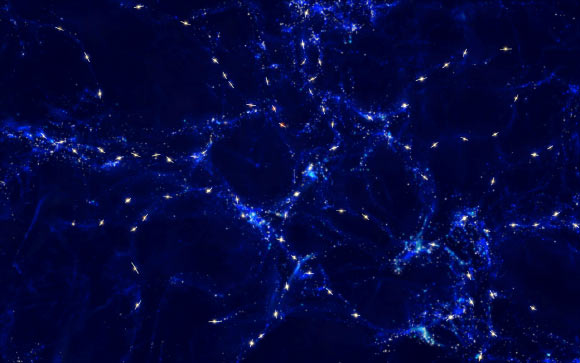 This artist's impression shows the mysterious alignments between the spin axes of quasars and the large-scale structures they inhabit; these alignments are over billions of light-years and are the largest known in the Universe. Image credit: ESO / M. Kornmesser.