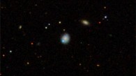 The dwarf galaxy Markarian 177 (center) and SDSS1133 (blue) lie 90 million light-years away. Image credit: Sloan Digital Sky Survey.