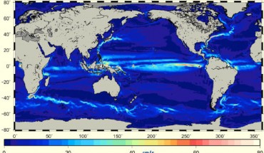 The ocean currents and their speeds, in cm/s, derived from GOCE data. Image credit: ESA / CNES / CLS.