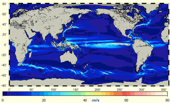 The ocean currents and their speeds, in cm/s, derived from GOCE data. Image credit: ESA / CNES / CLS.