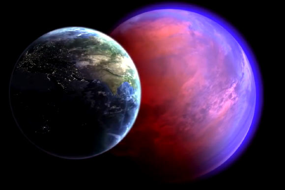 This artist’s concept contrasts our Earth with 55 Cancri e. Image credit: NASA.