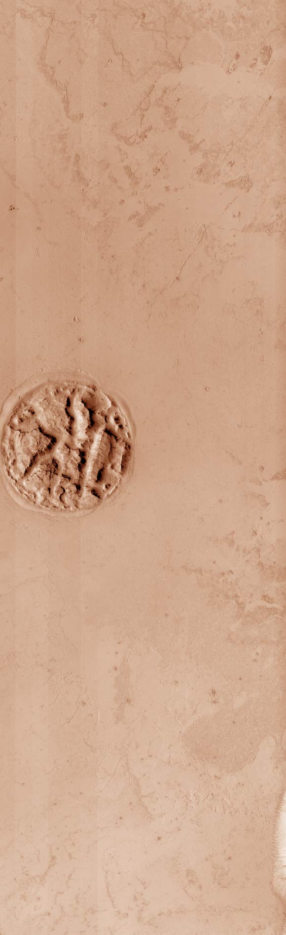 The 2-km-wide circular feature in Athabasca Valles, as seen by HiRISE camera. Image credit: NASA / JPL-Caltech / University of Arizona.