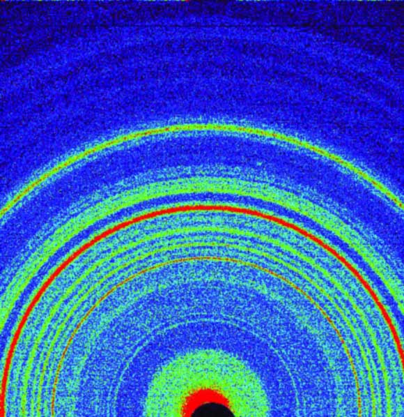 This two-dimensional X-ray diffraction pattern for the John Klein mudstone sample reveals the presence of more than a dozen minerals. Image credit: Bish, D. et al.