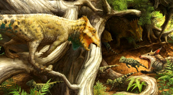 Reconstruction of Aquilops americanus in its environment. Image credit: Brian Engh / Raymond M. Alf Museum of Paleontology.