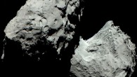 A color image of Comet 67P/Churyumov-Gerasimenko composed of three images taken by Rosetta's scientific imaging system OSIRIS in the red, green and blue filters; the images were taken on August 6, 2014 from a distance of 120 km from the comet. Image credit: ESA / Rosetta / MPS / OSIRIS Team / UPD /LAM / IAA / SSO / INTA / UPM / DASP / IDA.