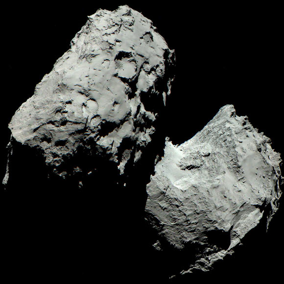 A color image of Comet 67P/Churyumov-Gerasimenko composed of three images taken by Rosetta's scientific imaging system OSIRIS in the red, green and blue filters; the images were taken on August 6, 2014 from a distance of 120 km from the comet. Image credit: ESA / Rosetta / MPS / OSIRIS Team / UPD /LAM / IAA / SSO / INTA / UPM / DASP / IDA.