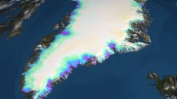 This image shows the change in the surface elevation of the Greenland ice sheet between 2003 and 2012; thinning near coastal regions is shown in green, blue and purple; blue/white flows indicate the direction and speed of the ice movement. Image credit: NASA's Goddard Space Flight Center.