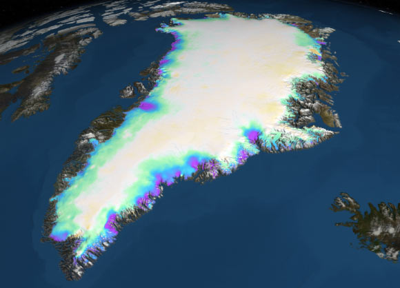 This image shows the change in the surface elevation of the Greenland ice sheet between 2003 and 2012; thinning near coastal regions is shown in green, blue and purple; blue/white flows indicate the direction and speed of the ice movement. Image credit: NASA's Goddard Space Flight Center. 