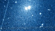 This image shows the newly discovered dwarf galaxy Kks3. The core of the galaxy is the right hand object at the top center of the image, with its stars spreading out over a large section around it; the left hand of the two objects is a much nearer globular star cluster. Image credit: Dimitry Makarov.