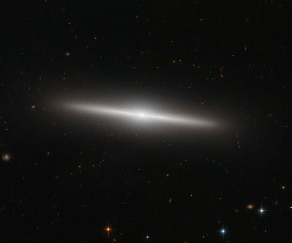 This Hubble image shows the galaxy IC 335 in front of a backdrop of distant galaxies. Image credit: ESA / NASA / Hubble.