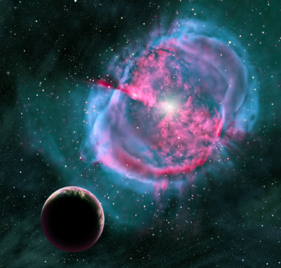 This artistic rendering depicts an Earth-like exoplanet orbiting an evolved star that has formed a stunning planetary nebula; earlier in its life, this planet may have been like one of the eight newly discovered worlds orbiting in the habitable zones of their stars. Image credit: David A. Aguilar / CfA.