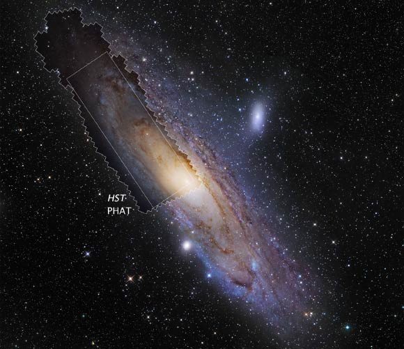 The PHAT mosaic is shown in context with a ground-based image of the Andromeda Galaxy (Messier 31 or M31). The background image, taken by Robert Gendler, was made by compositing M31 data from a 12.5-inch Ritchey-Chretien telescope with M31 data from the Digitized Sky Survey. Image credit: NASA / ESA / Z. Levay / STScI / AURA / University of Washington / PHAT team / J. Dalcanton / B. F. Williams / L. C. Johnson / R. Gendler.