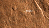 This image shows a bright feature interpreted as Beagle 2 with solar arrays at least partially deployed on the surface of Mars. The location is approximately 11.5 degrees north latitude, 90.4 degrees east latitude. The image is an excerpt from HiRISE observation ESP_039308_1915, taken December 15, 2014. Image credit: NASA / JPL-Caltech / University of Arizona / University of Leicester.