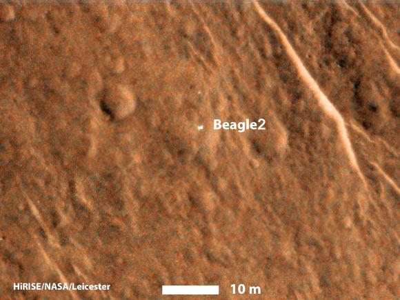 This image shows a bright feature interpreted as Beagle 2 with solar arrays at least partially deployed on the surface of Mars. The location is approximately 11.5 degrees north latitude, 90.4 degrees east latitude. The image is an excerpt from HiRISE observation ESP_039308_1915, taken December 15, 2014. Image credit: NASA / JPL-Caltech / University of Arizona / University of Leicester.