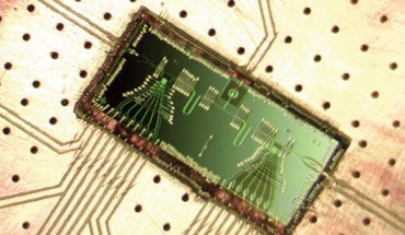 This micromaser is a major step toward building quantum-computing systems out of semiconductor materials; a battery forces electrons to tunnel one by one through two double quantum dots located at each end of a cavity, moving from a higher energy level to a lower energy level and in the process giving off microwaves that build into a coherent beam of light. Image credit: Jason Petta.