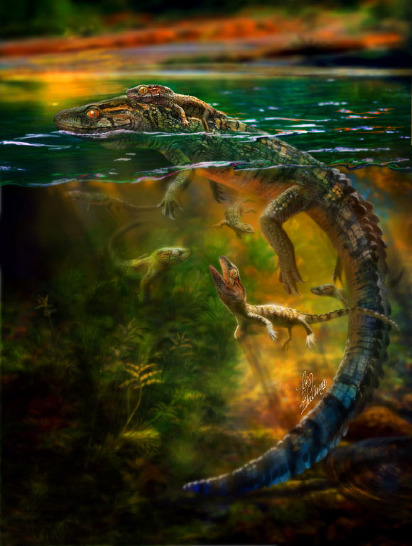 Living scene of the adult Philydrosaurus and its babies. Image credit: Chuang Zhao.