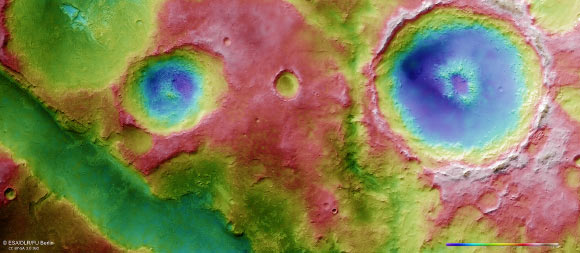 This topographic view is based on a digital terrain model of the region, from which the topography of the landscape can be derived; qhite and red show the highest terrains, while blue and purple show the deepest. Image credit: ESA / DLR / FU Berlin / CC BY-SA 3.0 IGO.