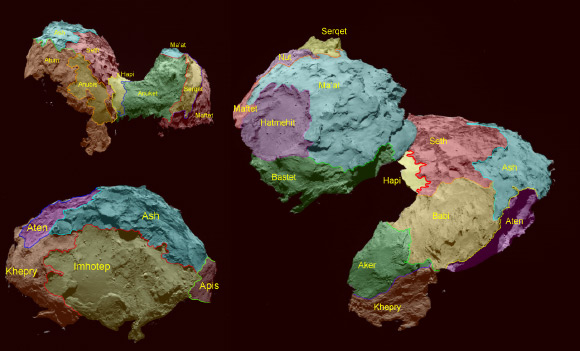 The 19 regions identified on 67P/Churyumov–Gerasimenko are separated by distinct geomorphological boundaries; they are grouped according to the type of terrain dominant within each region. Five basic categories of terrain type have been determined: dust-covered (Ma’at, Ash and Babi); brittle materials with pits and circular structures (Seth); large-scale depressions (Hatmehit, Nut and Aten); smooth terrains (Hapi, Imhotep and Anubis), and exposed, more consolidated surfaces (Maftet, Bastet, Serqet, Hathor, Anuket, Khepry, Aker, Atum and Apis). Image credit: ESA / Rosetta / MPS / OSIRIS Team / UPD /LAM / IAA / SSO / INTA / UPM / DASP / IDA.